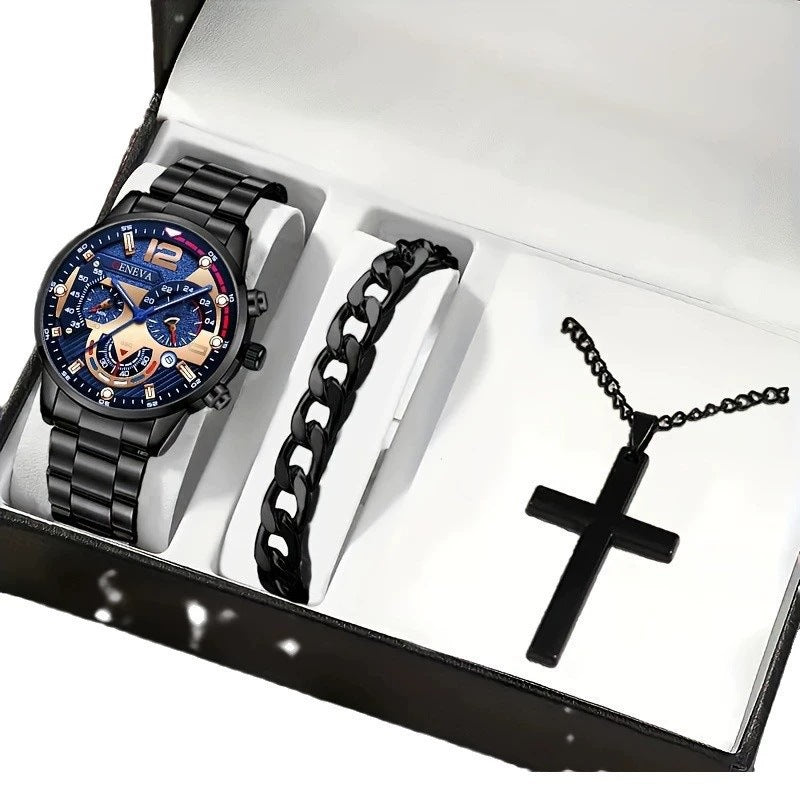 Men's Cross Necklace & Watch Set
